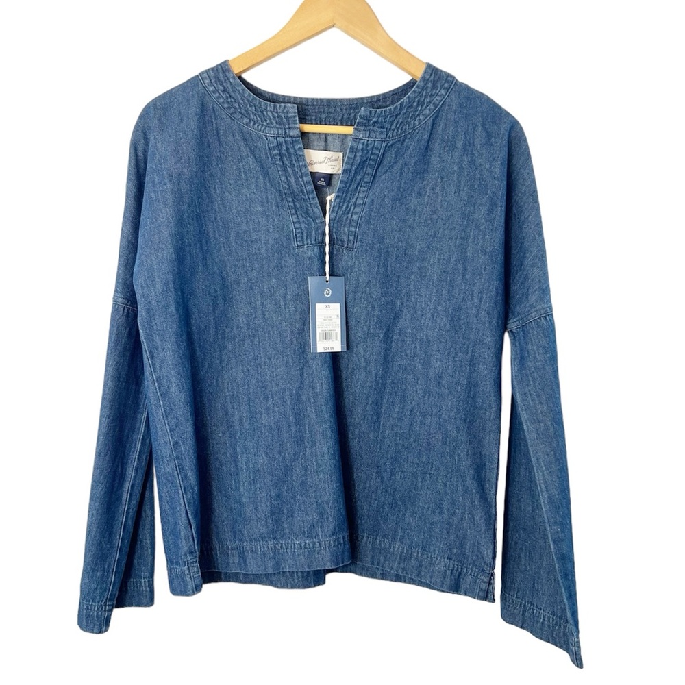 Dark Blue Chambray Denim Jean Top V-Neck Universal Thread Size XS